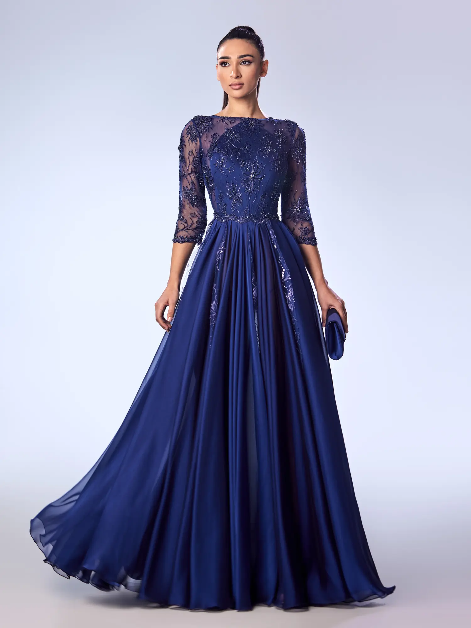 FW42 -Embroidered Chantilly Lace and Cassida Mouseline GownNavy US 01