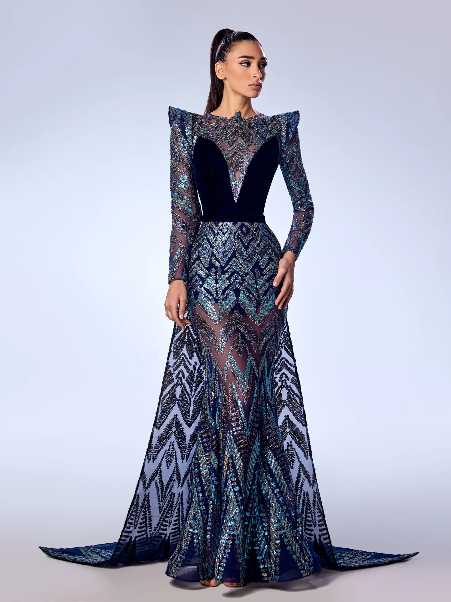 FW44 -Beaded Sequin Tulle and Velvet GownNavy US 01