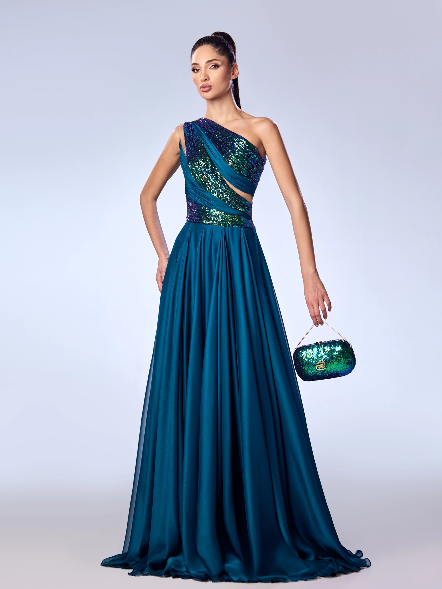 FW50 -Cassida Mousline and Beaded Sequin GownEmerald US 01