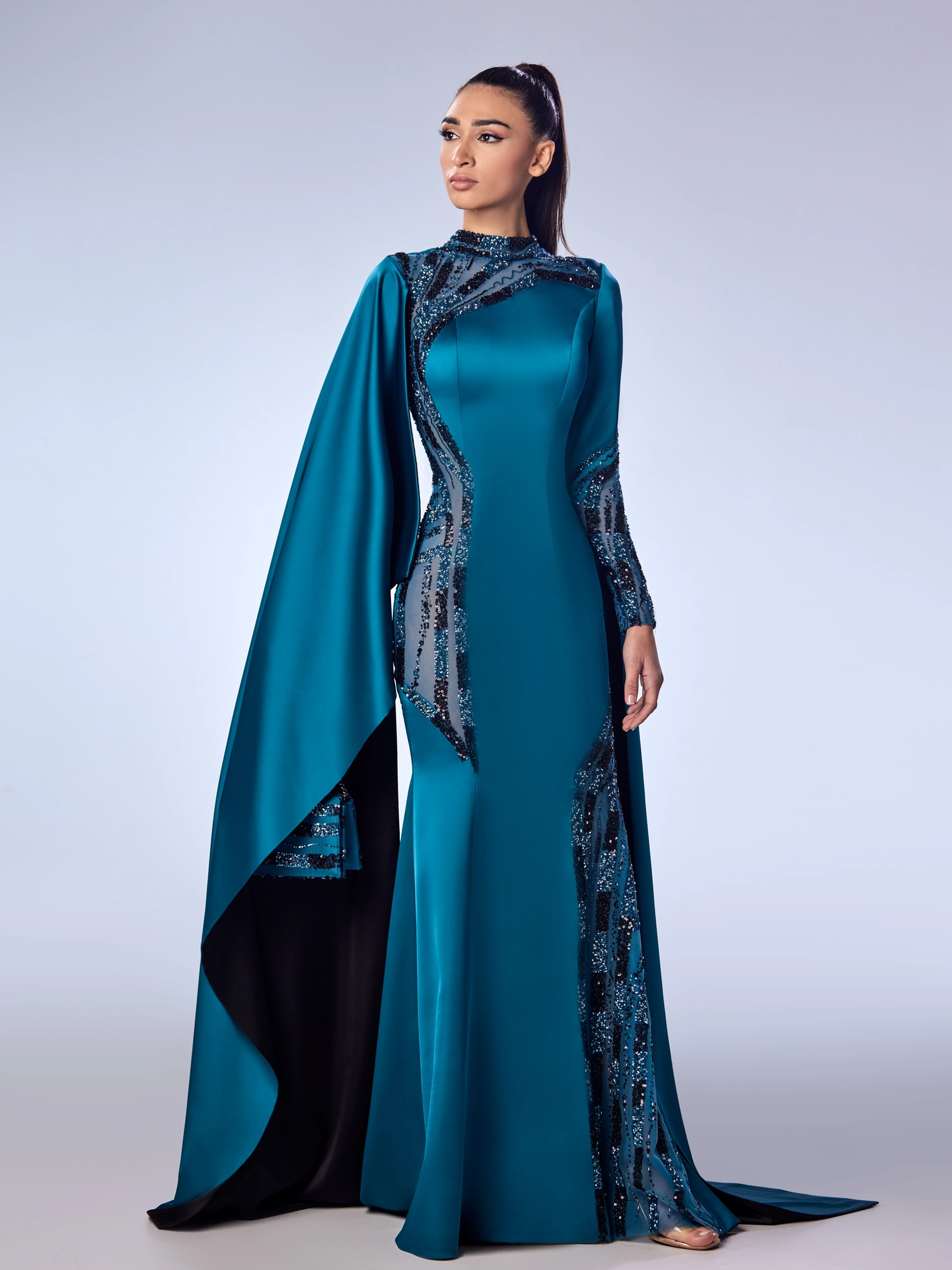 FW51 -Beaded Cape Silk Satin GownEmerald US 01