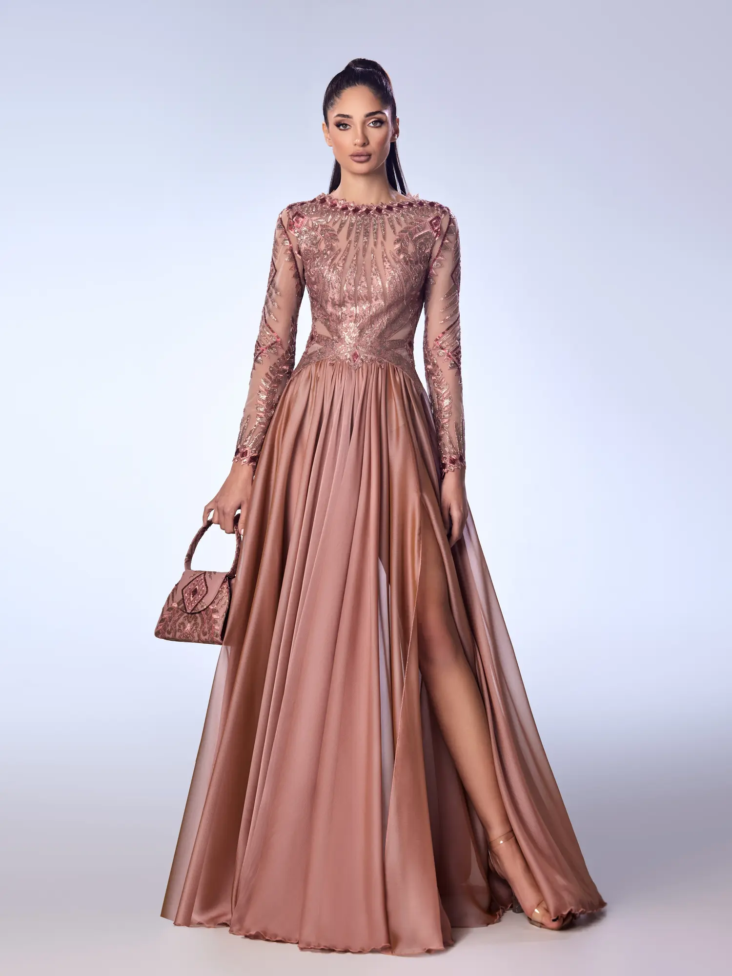 FW57 -Embroidered assida Mouseline GownBois De Rose US 01