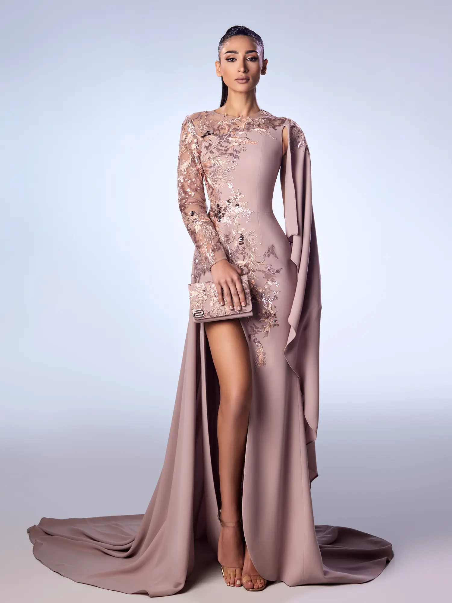 FW58 -Crepe Marrocain Gown with Beading and EmbroideryBois De Rose US 01
