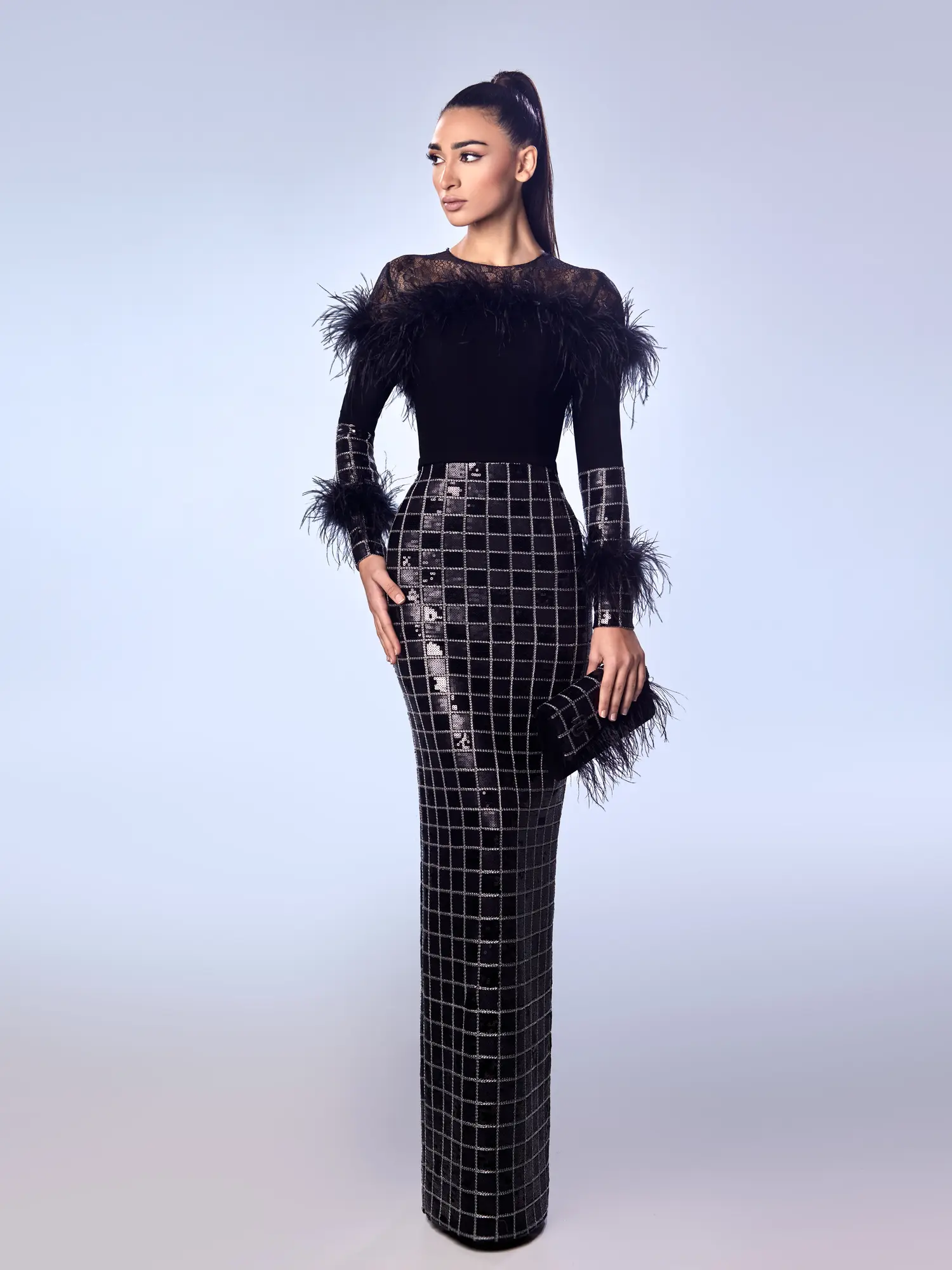 FW61 -Sequined And Feathered Crepe Marrocain GownBlack US 01