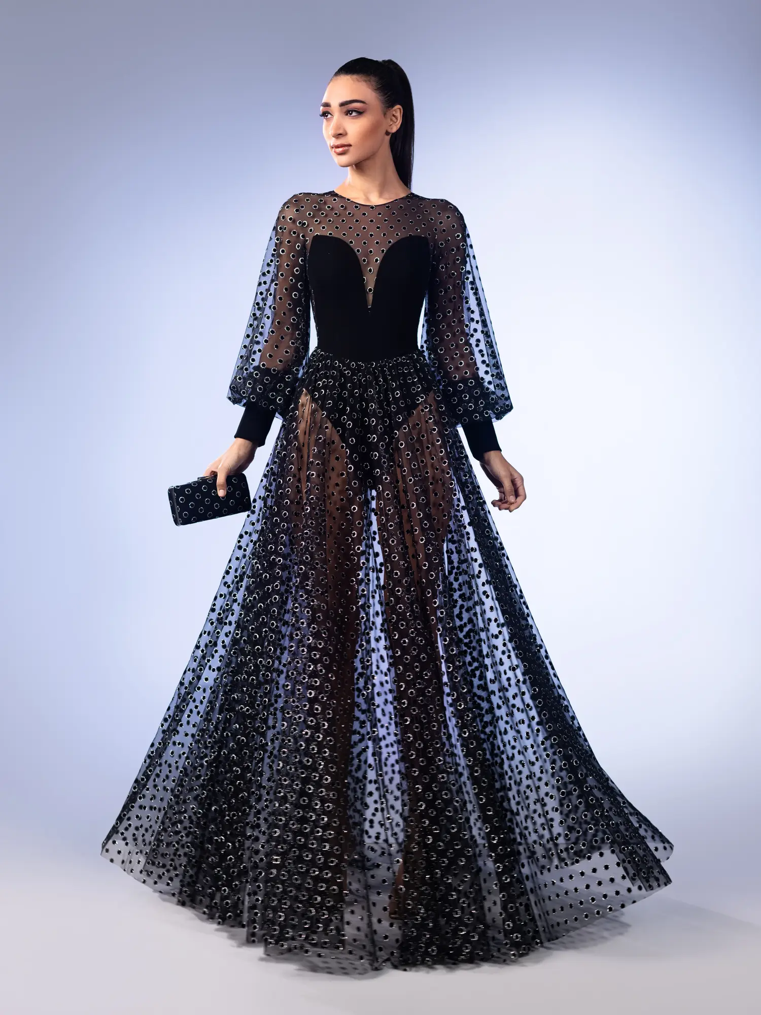 FW63 -Velvet Dotted Tulle GownBlack US 01