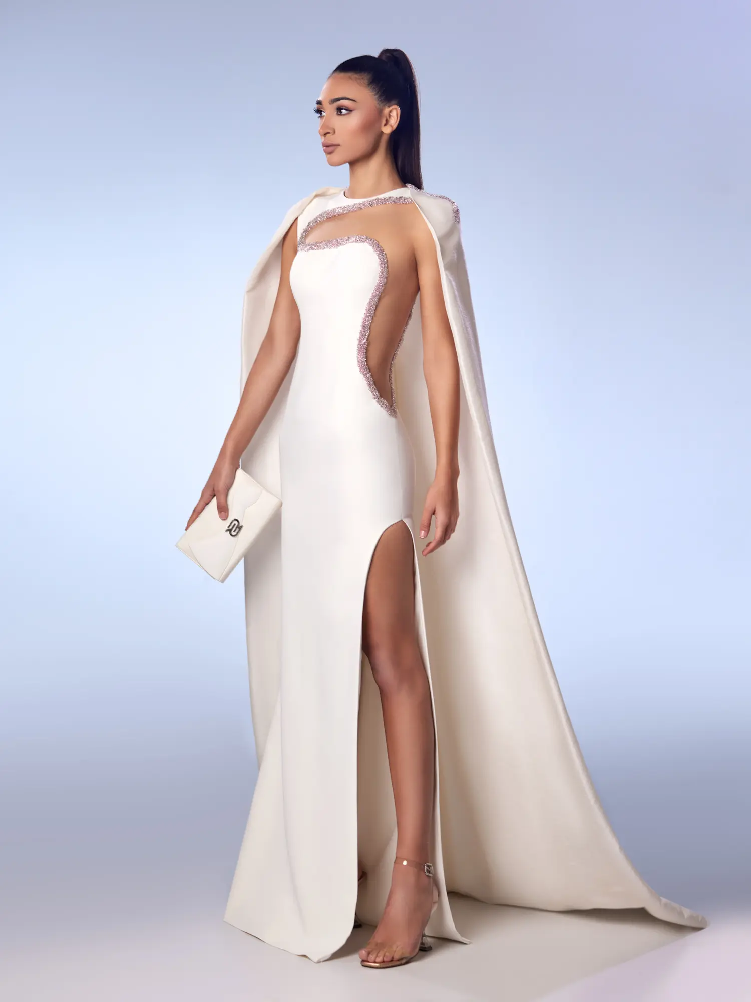 FW66 -Tafetta Cape & Crepe Gown With BeadingOff White US 01