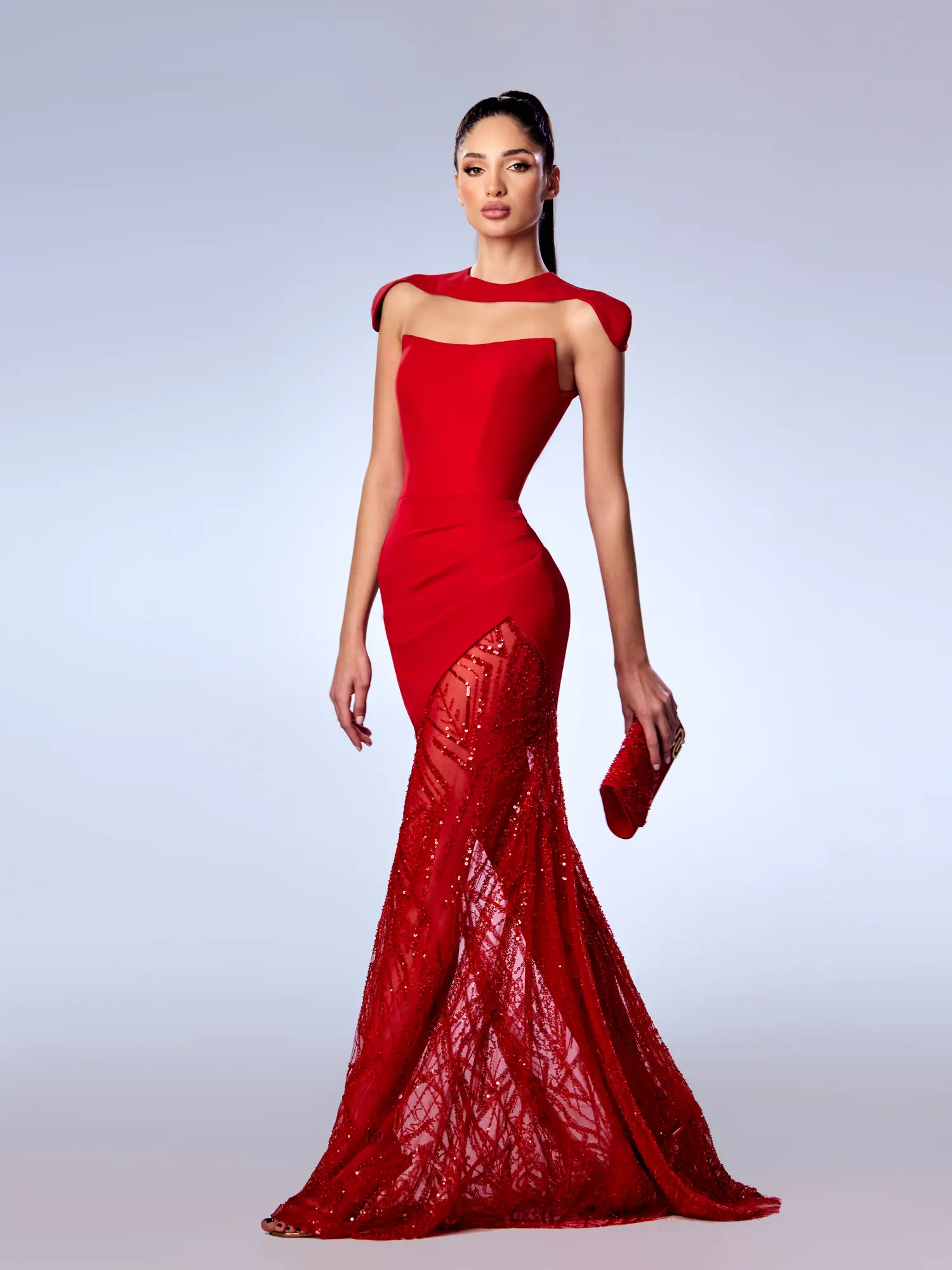 FW69 -Crepe Gown With Beaded TulleRed US 01