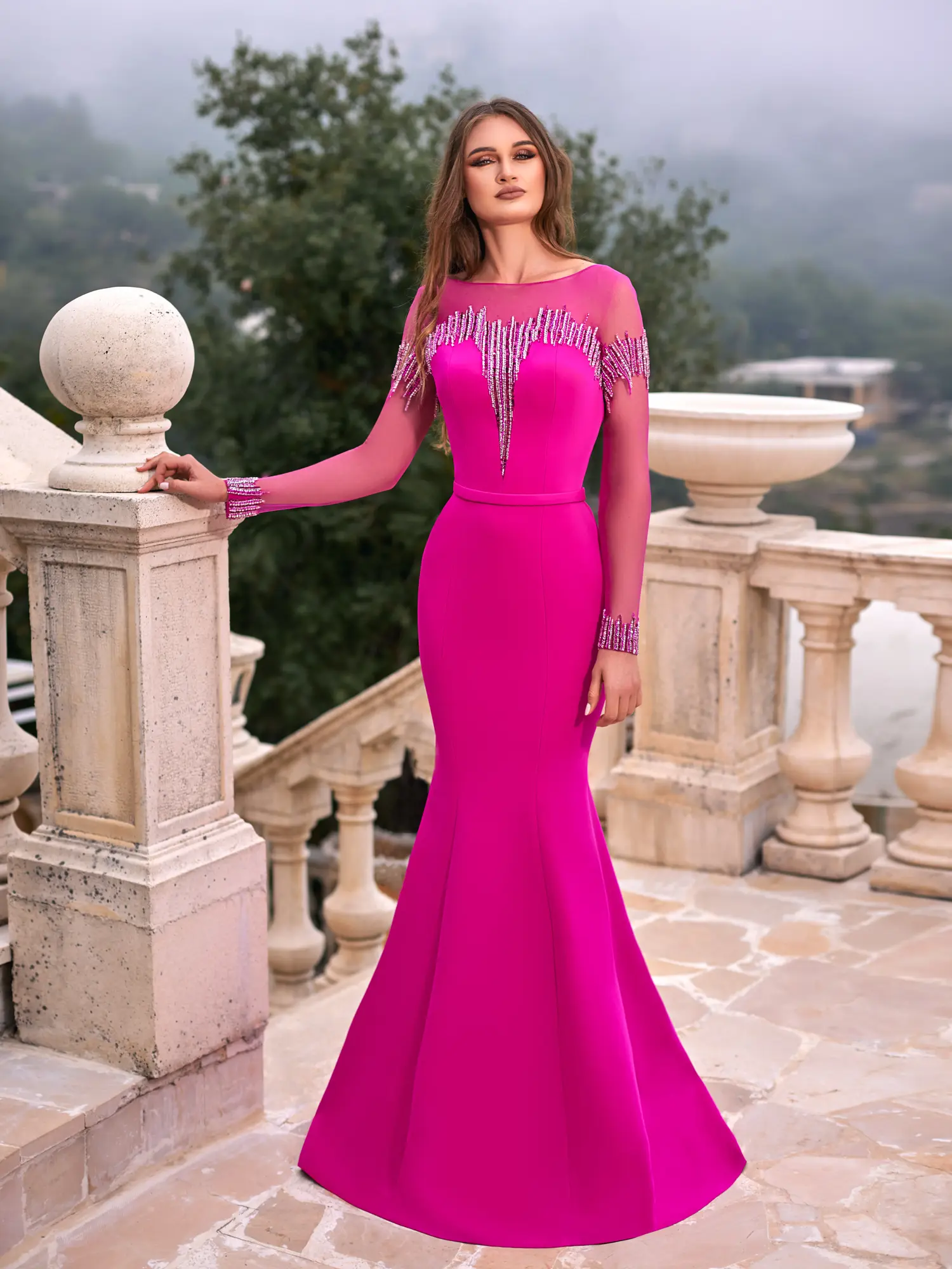 SS017 -Beaded Crepe And Tulle GownFuchsia US 01