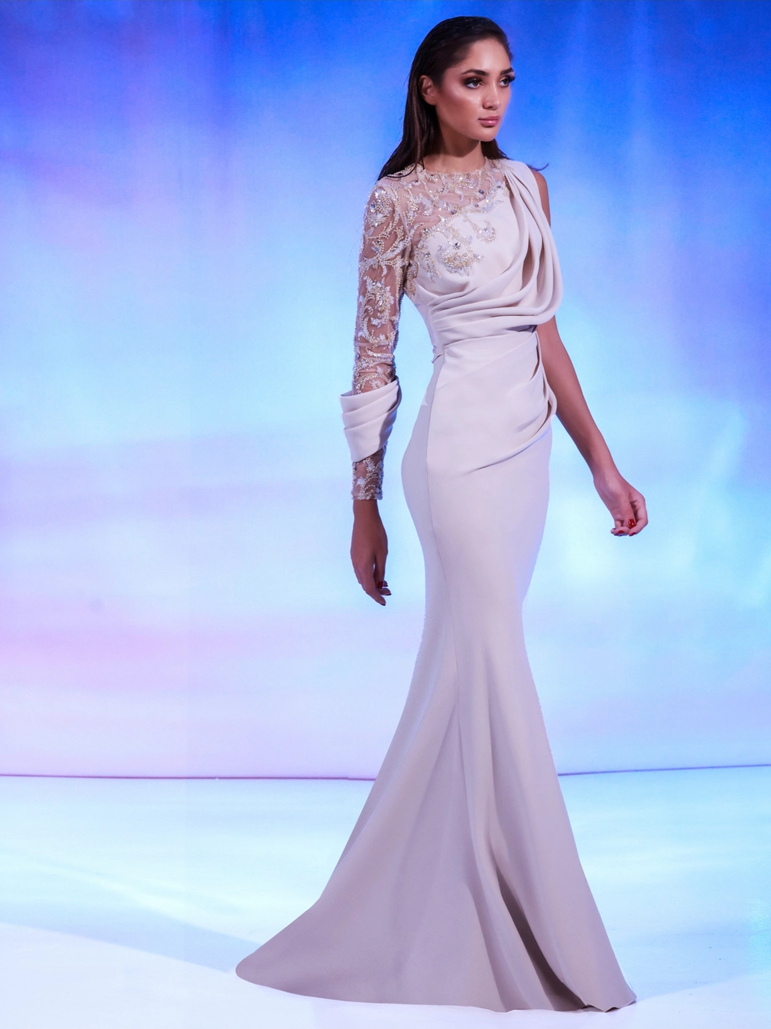 SS175 - Nude crepe dress features a mermaid-cut skirtNude US 01