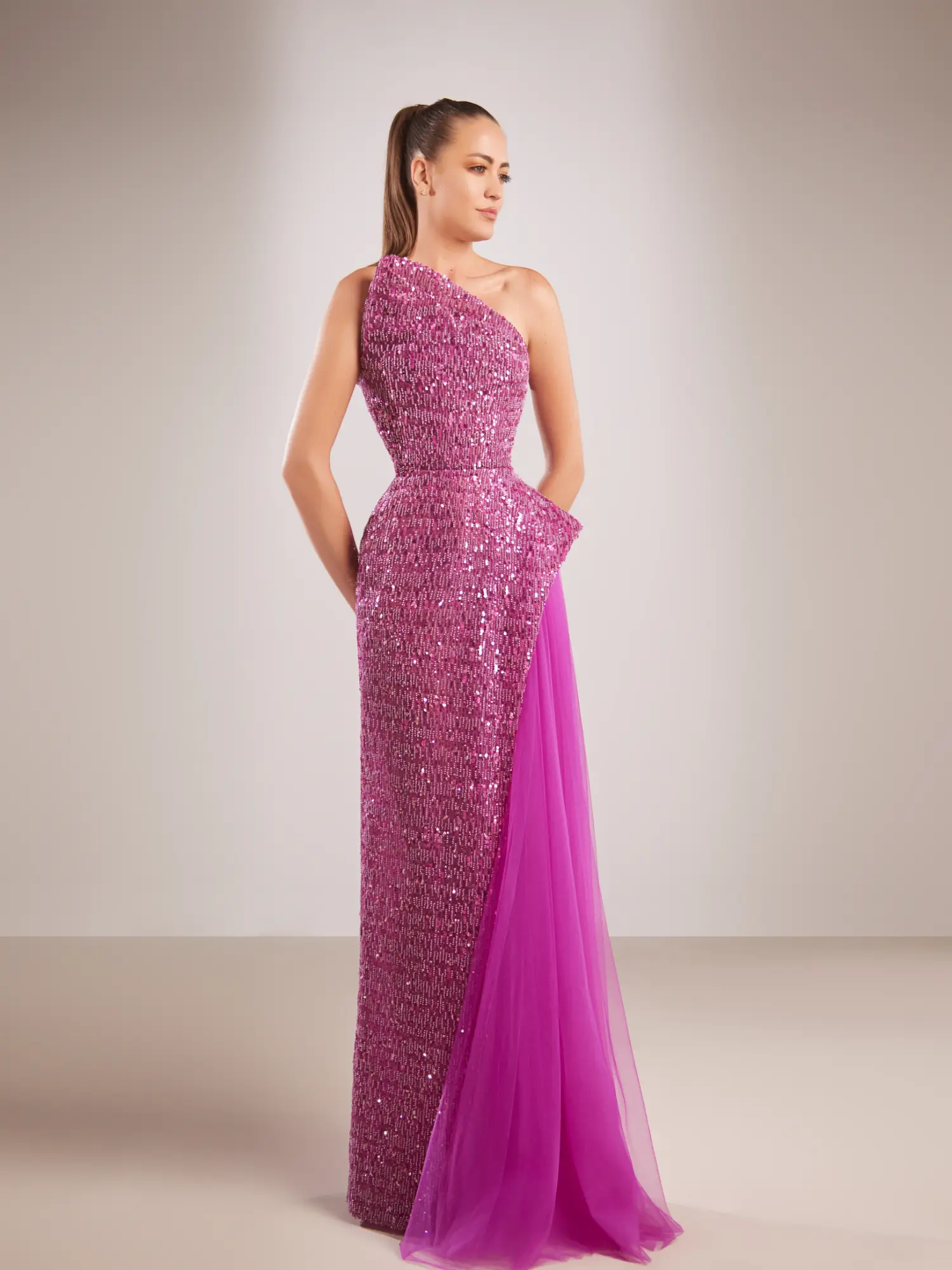 FW194-  One-shoulder fully  beaded fuchsiaFuchsia US 01