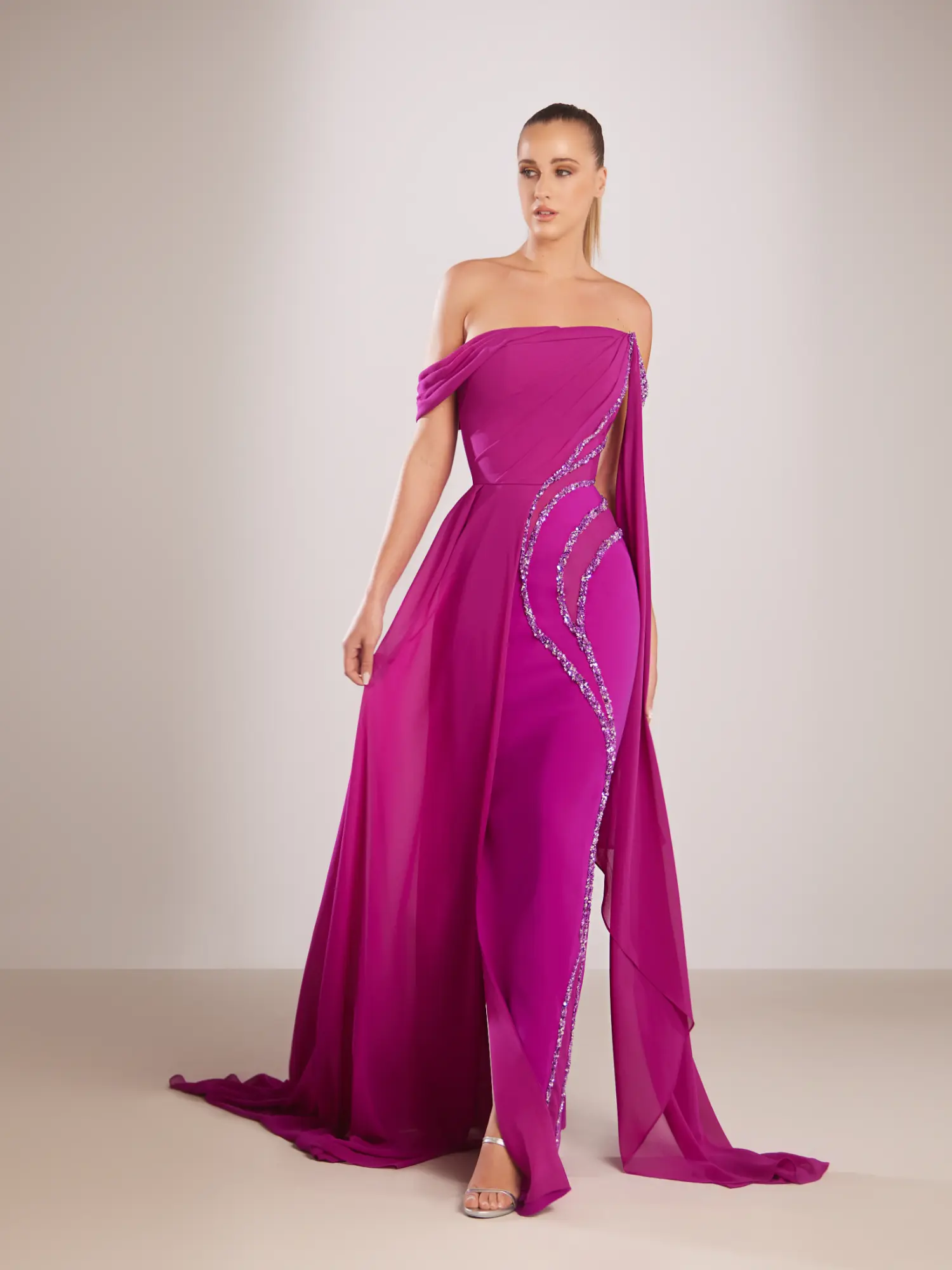 FW195-  Off-shoulder chiffon  fuchsiaFuchsia US 01