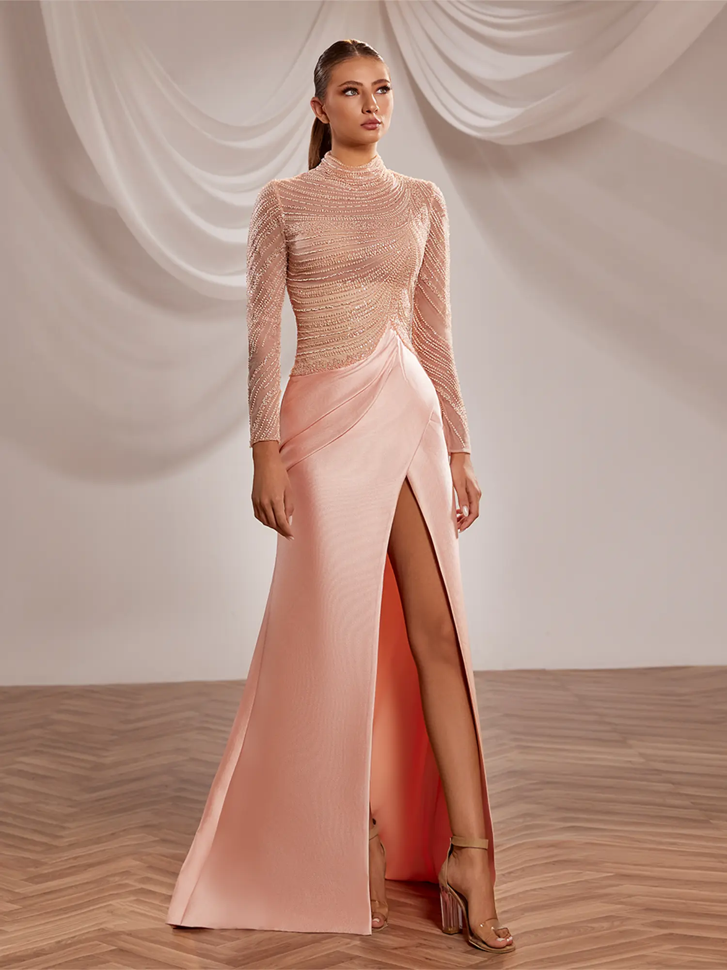 SS223 -  Salmon gown with a  high-neck beaded Salmon US 01
