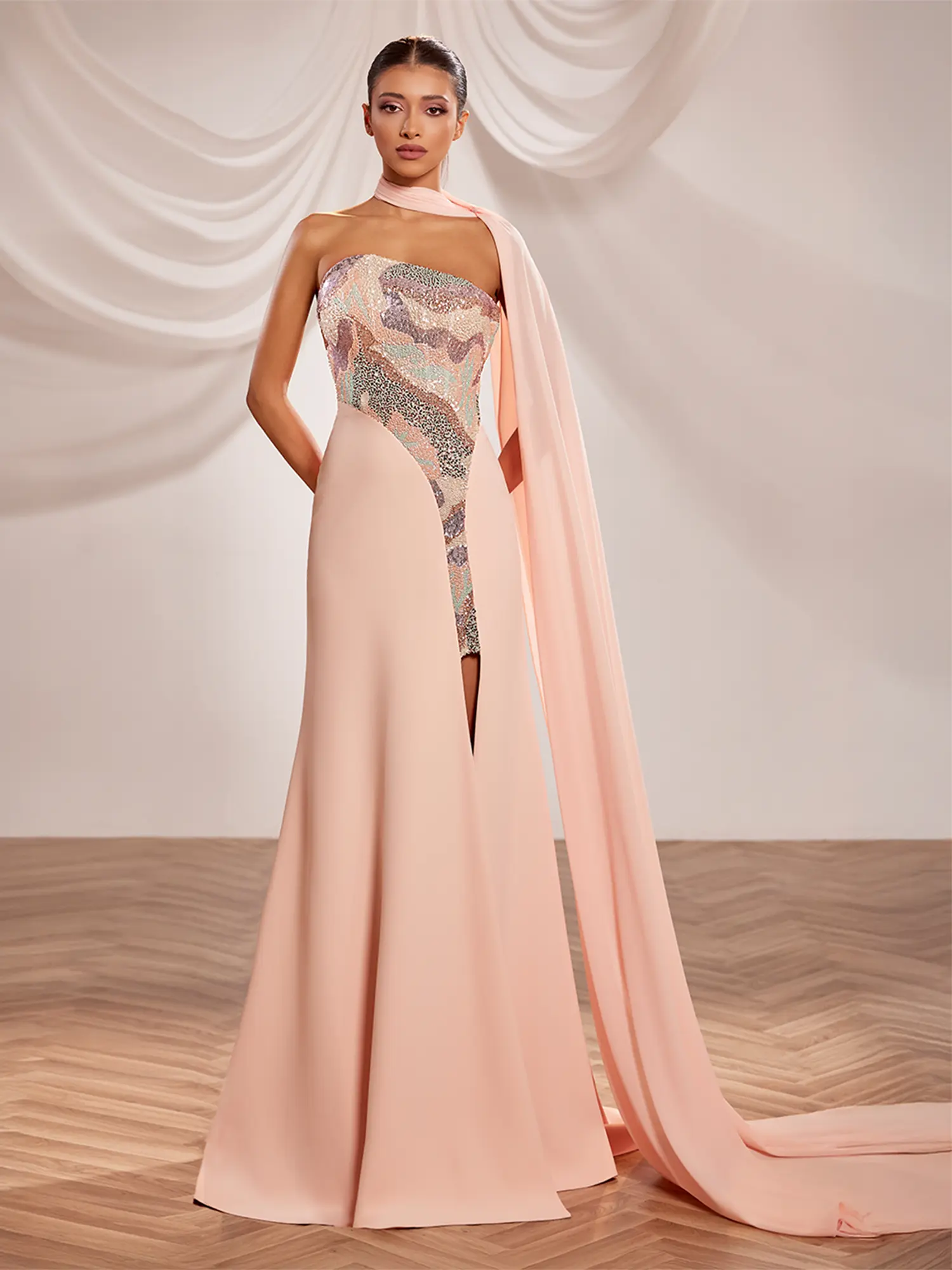 SS224 -   Salmon gown with a  wave-like strapless cutSalmon US 01