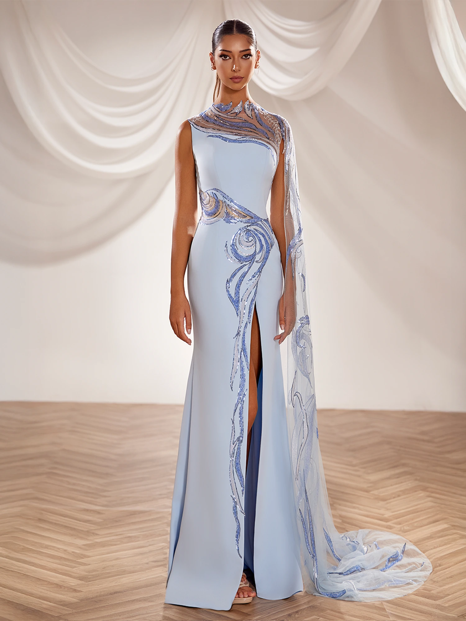 SS231 - Light blue crepe gown  with shoulder Light Blue US 01