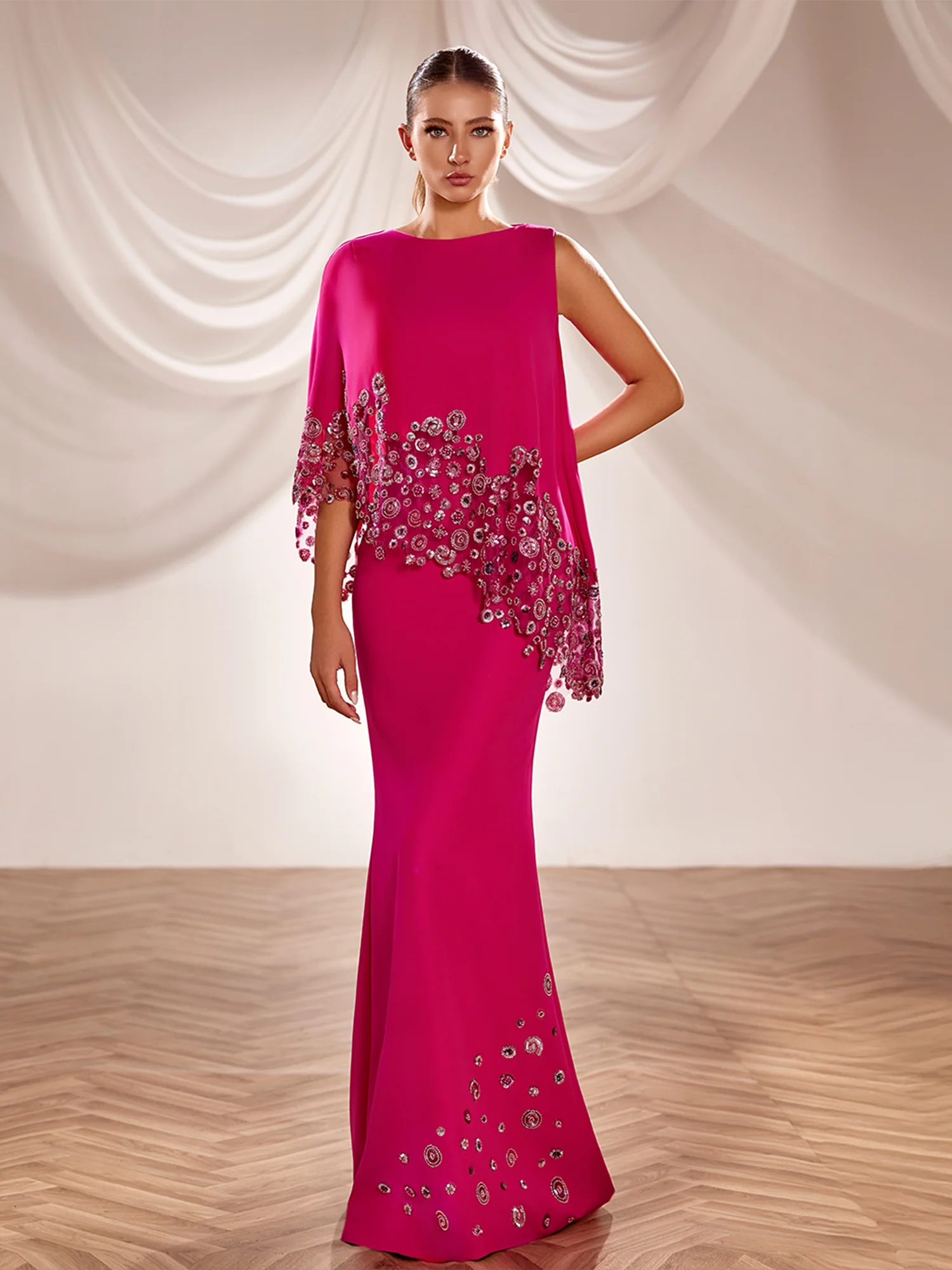 SS247-  Fuchsia crepe gown with  a straight silhouette Fuchsia US 01