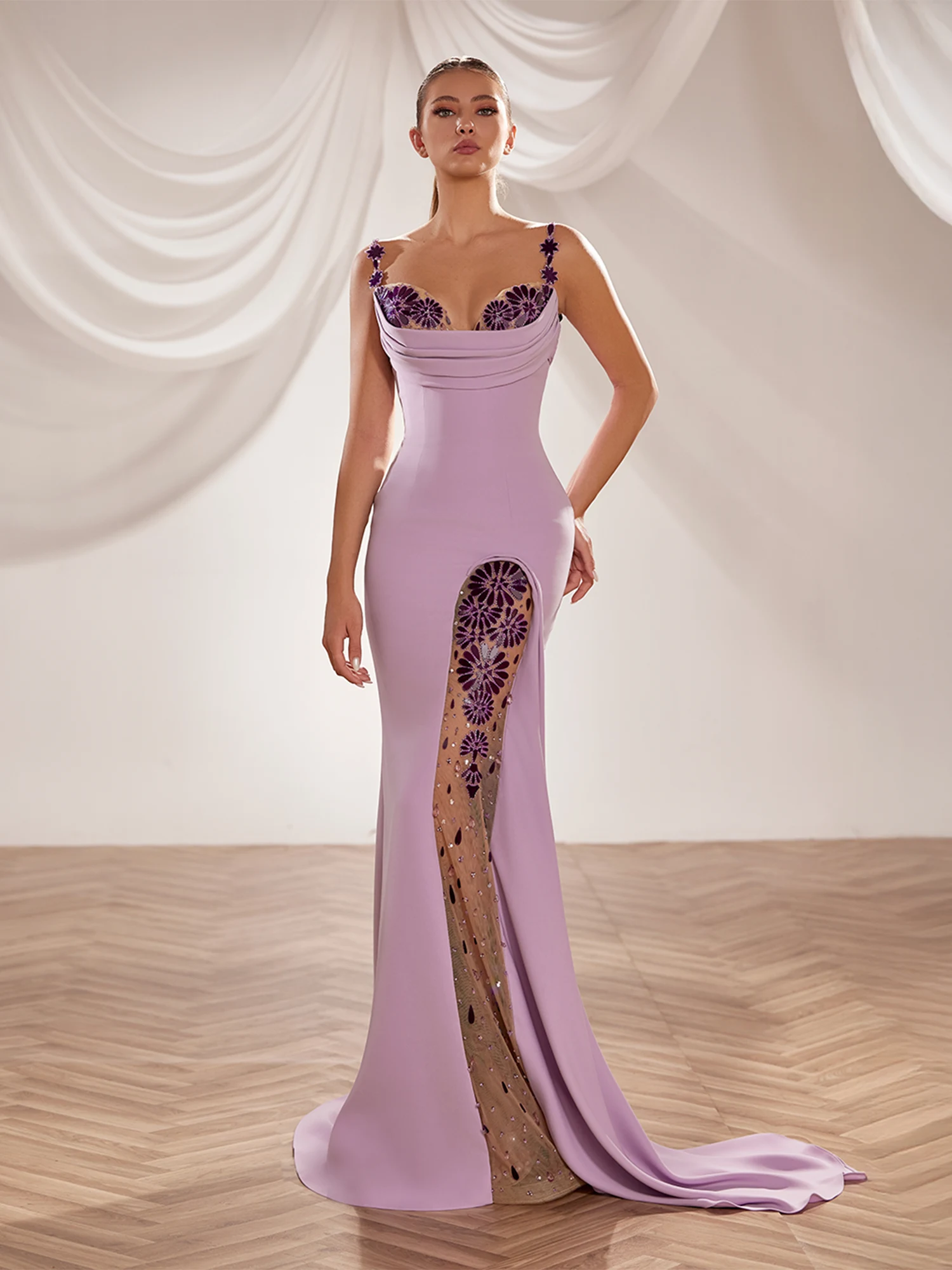 SS259-  Lilac fitted crepe dress with  draped bust highlighted Lilac US 01