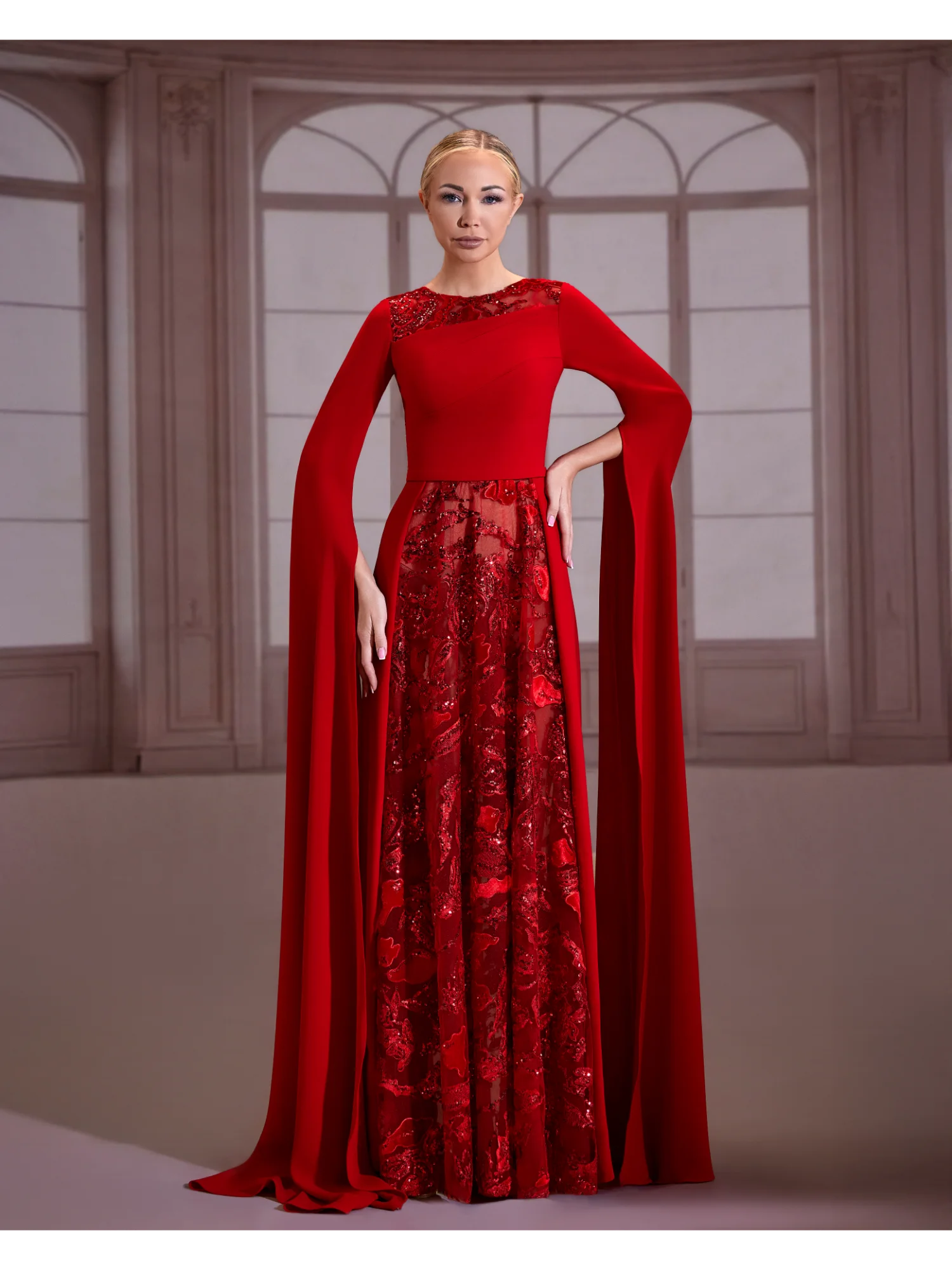 fw293- Red crepe draped top with embroireded a-line skirtRed US 01