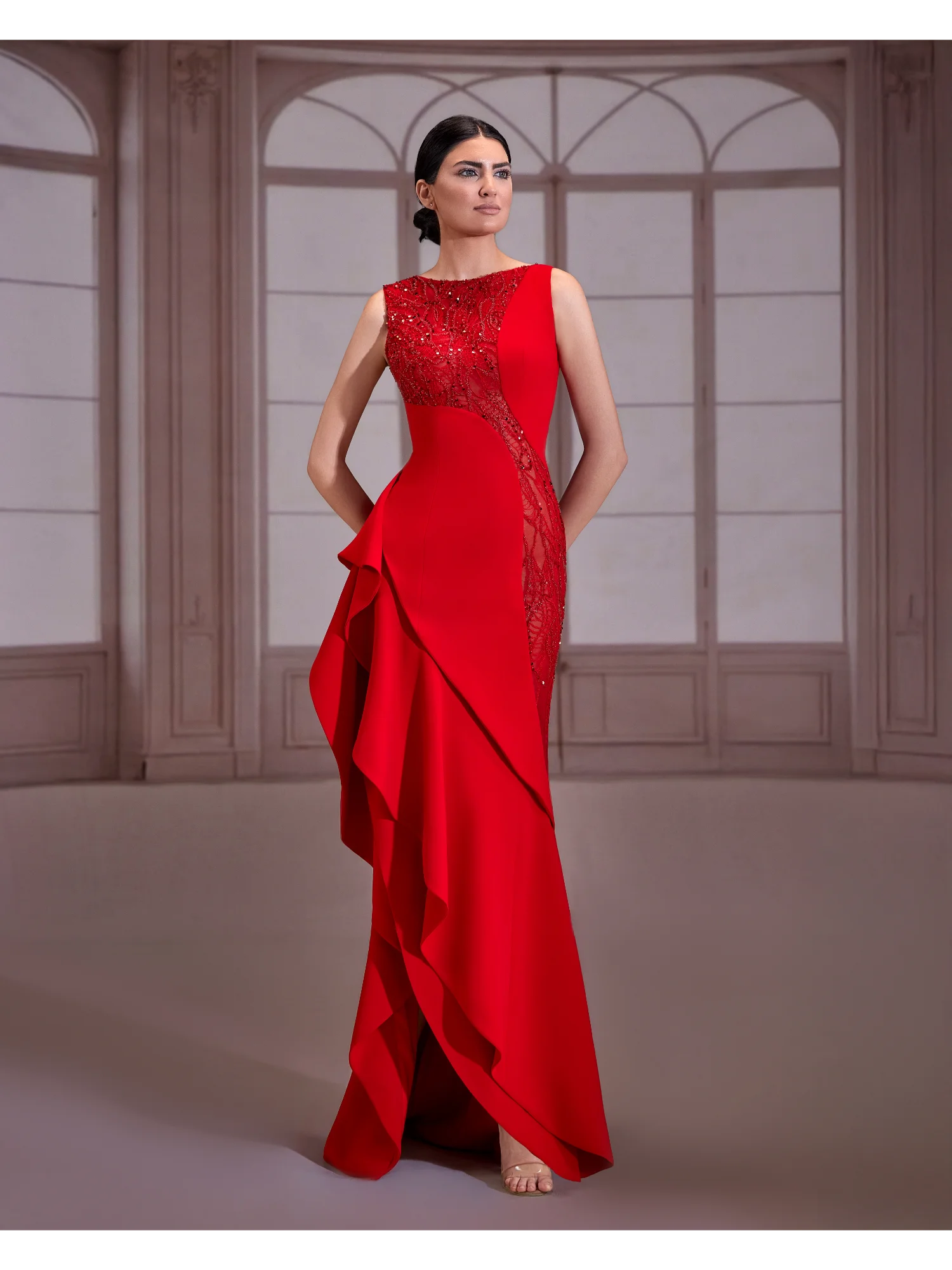 fw294- Red crepe dress with diagonal beading and asymmetrical skirtRed US 01
