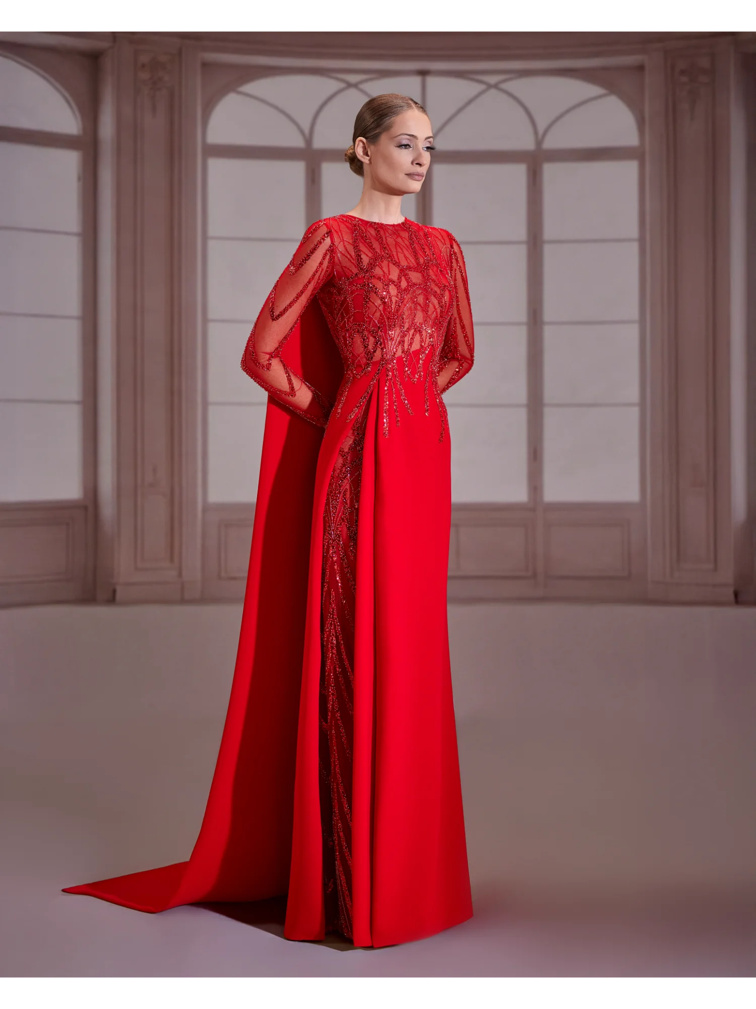 fw295- Red long beaded sleeve top with a crepe skirtRed US 01