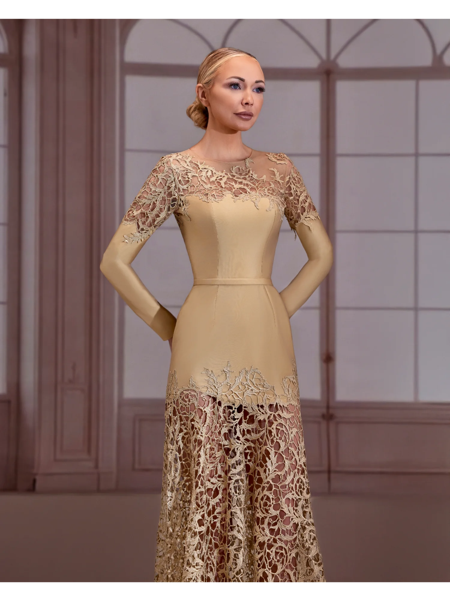fw296- Golden dress with beehive lace on shoulders and necklineGolden US 01