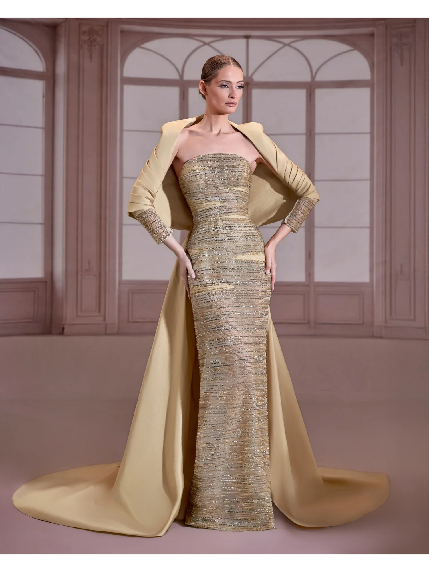 fw297- Golden strapless dress with horizontal gold beadwork,Golden US 01